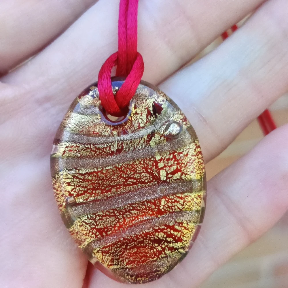 Vintage Foiled Dichroic Art Glass Pendant Necklace